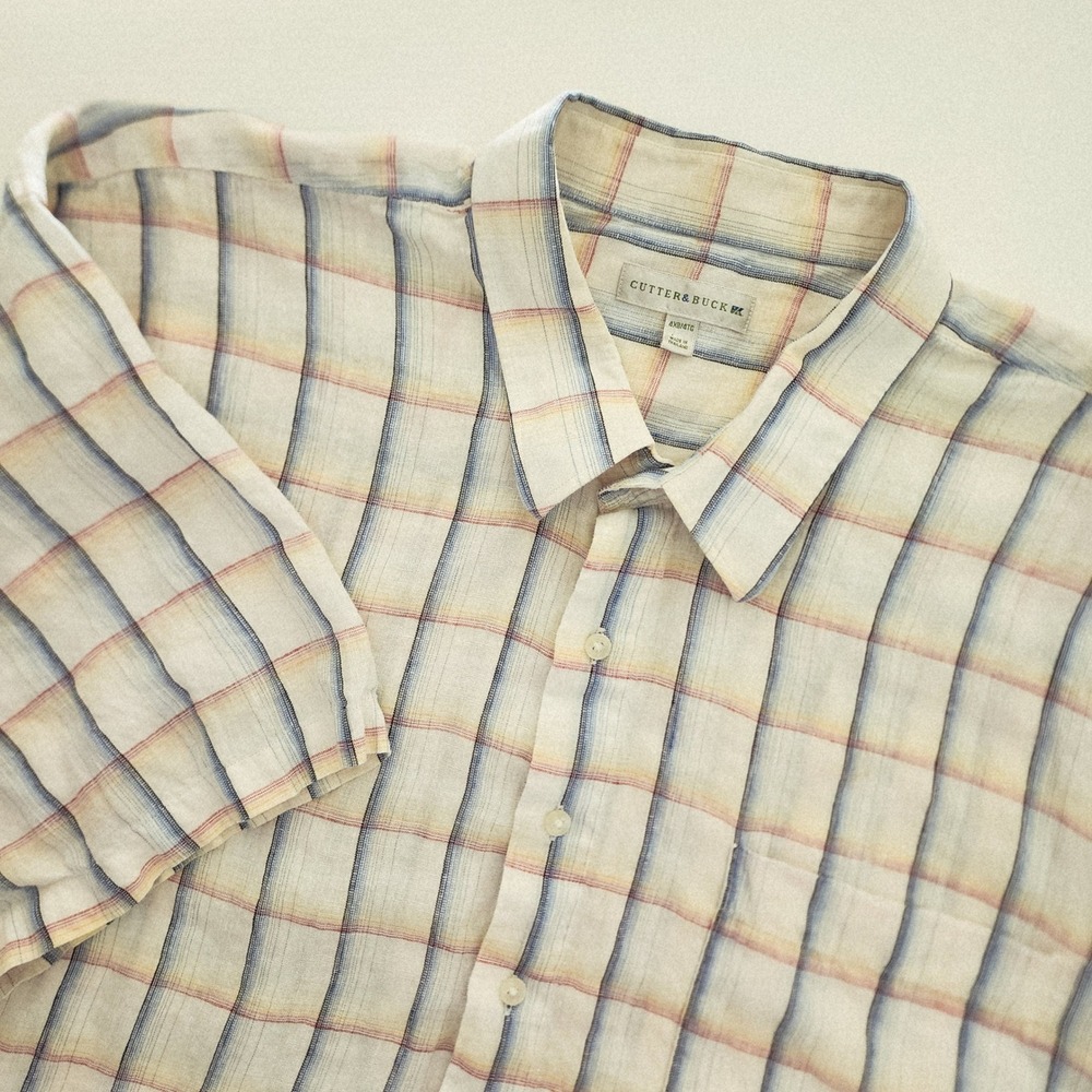 Cutter & Buck cream yellow blue plaid short sleeve 100% linen shirt size 4XB